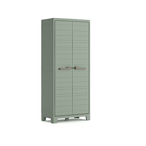 Armário de Jardim KETER Planet Outdoor (Verde - Resina - 80x44x182cm) KETER - Caixas de armazenamento externas - 4 prateleiras, resistente à água, fecho de cadeado