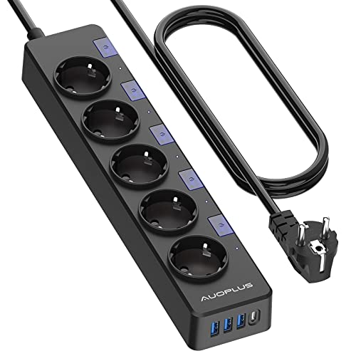 Extensão Elétrica AUOPLUS (5 Tomadas - Tipo F - 3 m) AUOPLUS - Fios e cabos elétricos - 5 tomas, 3 m, proteção contra sobretensões, 4 portas usb