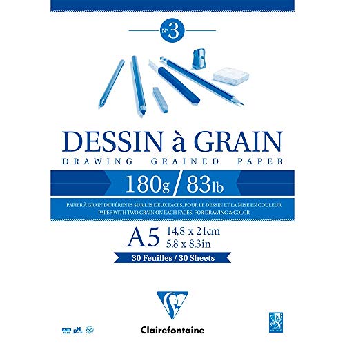 Bloco de Desenhos Clairefontaine Dessin à Grain 180g A5 Clairefontaine - Papel de arte e artesanato - 30 folhas, papel texturado, 180g, A5