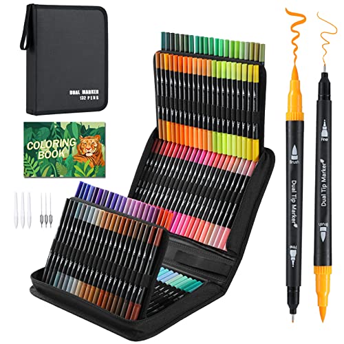 Trendgate 132 Conjunto de Canetas e Livros de Colorir TrendGate - Kits de desenho e pintura - canetas, livros de colorir, 132 cores, pontas duplas, linha fina