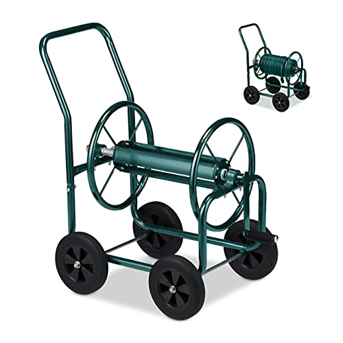 Carro de Mangueiras Relaxdays 400600004 | Verde Relaxdays - Armazenamento de mangueira de jardim - 4 rodas, manivela, enrolável, duas conexões