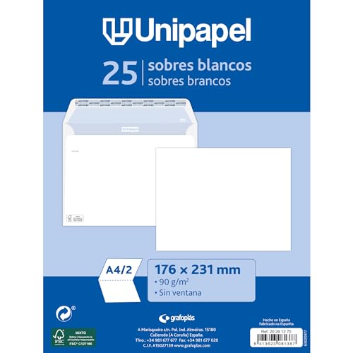 Pack 25 Envelopes UNIPAP 176X231mm Branco Grafoplas del Noroeste,S.A. - Suprimentos de envio - pack, envelopes, unipap, 176x231mm, branco