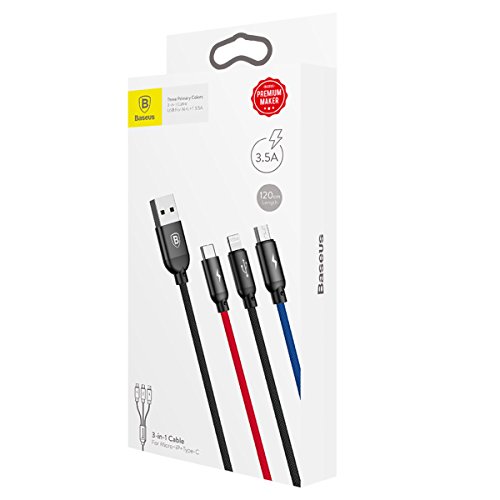 Cabo BASEUS 3 em 1 Micro-USB - Preto (iPhone, iPad, iPod) Baseus - Cabos de armazenamento e transferência de dados - micro-usb, lightning, usb-c, carregamento rápido