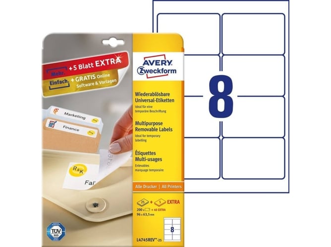 Etiquetas Autocolantes AVERY ZWECKFORM L4745REV-25 AVERY Zweckform - Papel de impressora e copiadora - removíveis, rotulagem temporária, identificação, adesiva