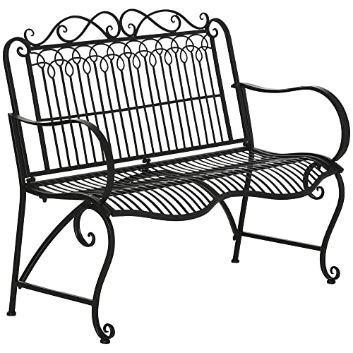 Banco de Jardim Outsunny | 2 Lugares | Encosto Decorativo | Apoio para os Braços | 110x60x97cm | 200 kg | Preto Outsunny - Móveis de exterior - 2 lugares, encosto decorativo, apoio braços, 110x60x97cm, 200 kg