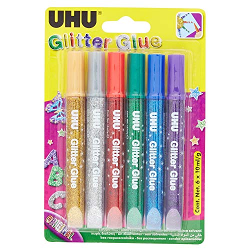 Conjunto de 6 Colas Decorativas UHU Creativ Glitter Glue UHU - Adesivos e ímãs para artesanato - 6 colas, decorativas, glitter glue, sem solventes, lavável com água