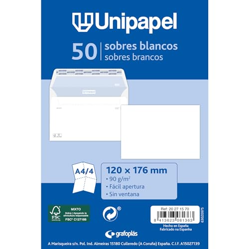 Pack 50 Envelopes UNIPAPEL (A4 - Branco) Grafoplas del Noroeste,S.A. - Envelopes - pack 50 envelopes, unipapel, a4, branco
