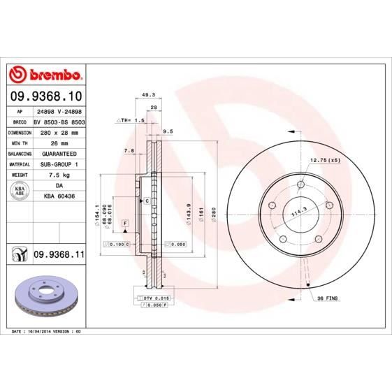 Conjunto de Discos de Travão BREMBO 9.9368.10 BREMBO - Sistema de freios de veículos motorizados - 100 cm, preto, alumínio