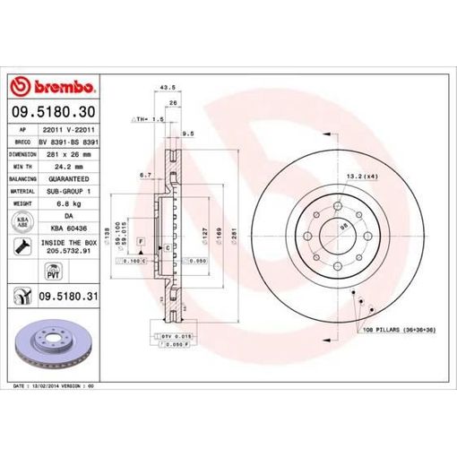 Conjunto de 2 Discos de Freio BREMBO 09.5180.30 BREMBO - Sistema de freios de veículos motorizados - discos, freio, brembo