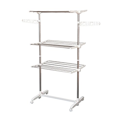 Secador de Roupa HOMCOM | 6 Rodas | 3 Níveis | 80-142 x 55 x 152 cm HOMCOM - Secadores e cabides - 6 rodas, 3 níveis, 80-142 cm