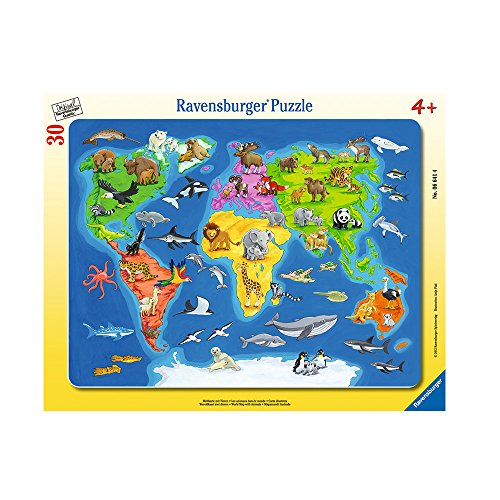 Puzzle RAVENSBURGER World Map with Animals (Idade Mínima: 6) Ravensburger - Quebra-cabeças de madeira e com pinos - madeira, animais, quadro 30x24cm, 6 anos