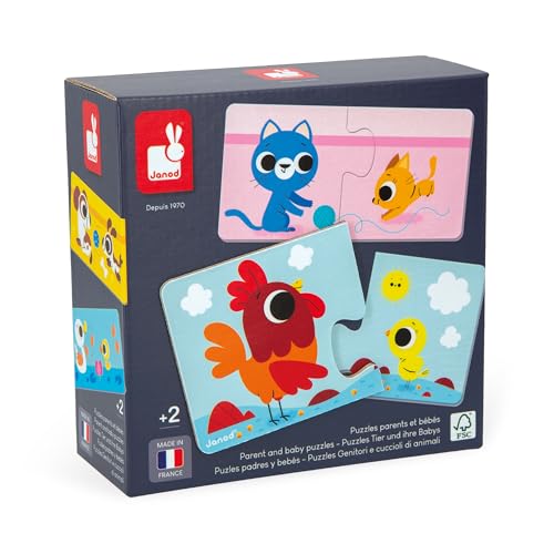 Puzzle JANOD Parents And Babies Animals Juratoys - Jogos - madeira, 12 peças, cordão, cartão reciclado
