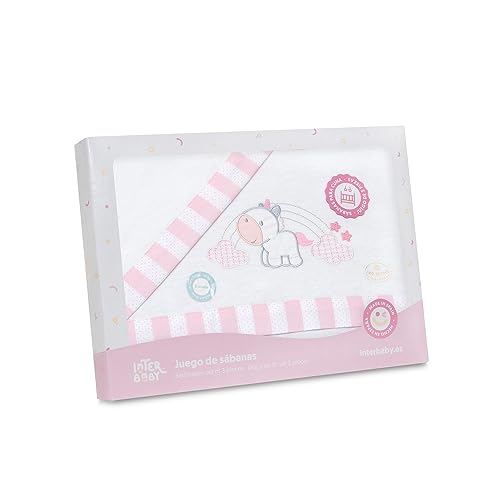 Conjunto de Lençóis para Berço FRANELA (Algodão - Rosa e Branco) Interbaby - Lençóis - algodão, rosa, branco