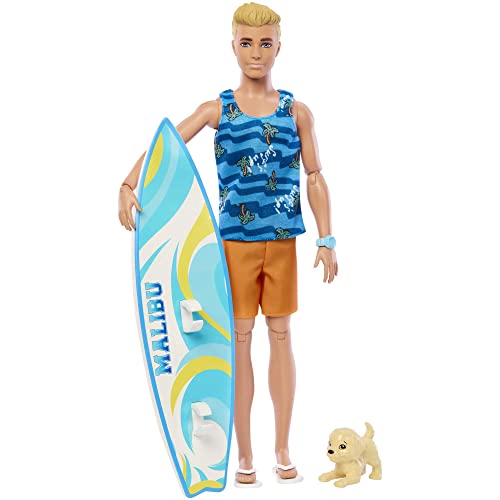BARBIE e KEN Surfista (Idade Mínima Recomendada: 3 anos) Mattel - Brinquedos - surf, tabuleiro, toalha, cachorrinho