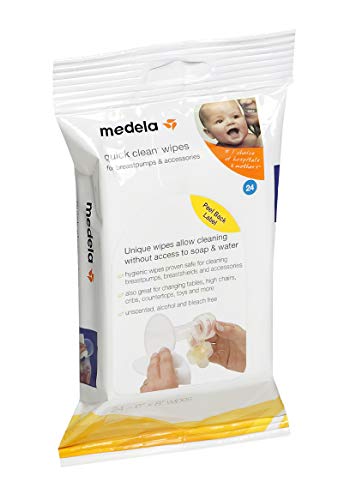 Medela Quick Clean Breast Pump and Accessory Wipes, 24 Count MEDELA - Panos de limpeza de loja e panos de limpeza de uso geral - limpeza rápida, 24 contos, remove óleo, usa-sem água
