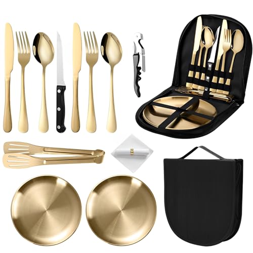 Conjunto de Talheres TFSZE (Aço Inoxidável - Dourado) TFSZE - Utensílios e louça de cozinha para camping - aço inoxidável, dourado, garfos, colheres, faca de mesa