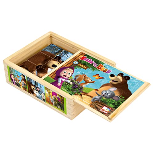 Brinquedo de Madeira MASHA AND THE BEAR Wooden Cubes with Images Bino & Mertens - Blocos de madeira - brinquedo, madeira, masha, bear, cubos, imagens