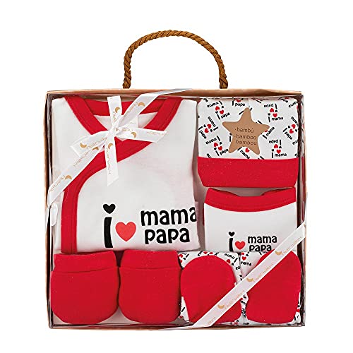 Conjunto de 5 Peças para Recém-Nascido Interbaby I Love Mama-Papa Vermelho Interbaby - Conjuntos de presente para bebê - recém-nascido, algodão, 5 peças, i love mama-papa
