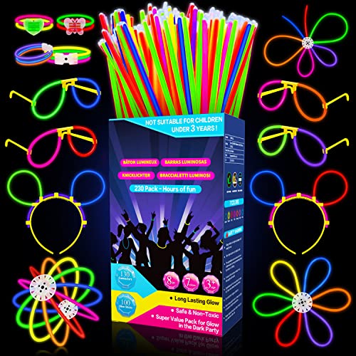 Conjunto de 230 pulseiras de luz fluorescente MILLEGU Millegu - Chapéus de festa - 230 pulseiras, luz fluorescente, 100 barras luminosas, conectores regulares
