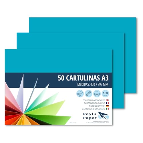 Papel A3 50 Unidades Turquesa RAYLU PAPER Raylu Paper - Papel de impressora e copiadora - a3, turquesa, 180g/m², 50 unidades