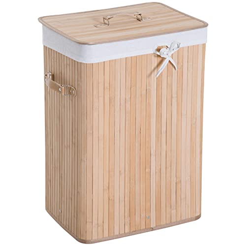 Cesto de roupa dobrável com tampa | 70 L | 40 x 30 x 60 cm - Bambu HOMCOM - Cestos de roupa - cesto de roupa, dobrável, tampa, 70l, bambu