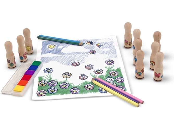 Kit de Carimbos para Crianças MELISSA & DOUG Happy Hands Melissa & Doug - Kits de scrapbooking e carimbos - selos coloridos, tampa animal, lápis de cor, almofada tinta