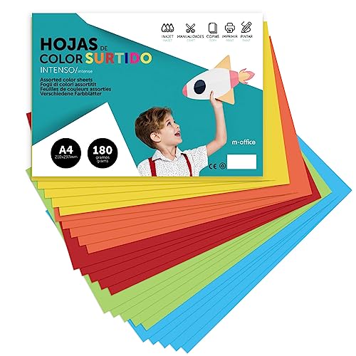 Cartolina M-OFFICE A4 Cores Sortidas Intensas (50 folhas) M-OFFICE - Papel de arte e artesanato - a4, cores sortidas, 180g/m², 50 folhas