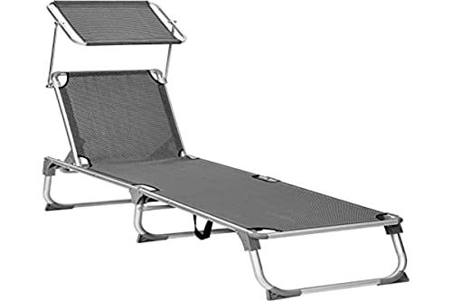Espreguiçadeira SONGMICS com Guarda-Sol (Cinzento Escuro - Aço - 55x193x31cm) SONGMICS - Móveis de exterior - alumínio, tecido sintético, 55x193x31cm, 150kg