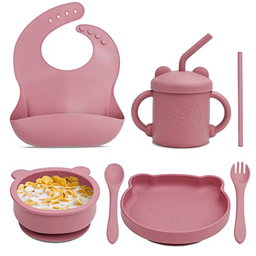 Conjunto de Refeição para Bebé FEELHAP Rosa Feelhap - Jogos de talheres - silicone, 4 peças, fácil de lavar, tampa transparente