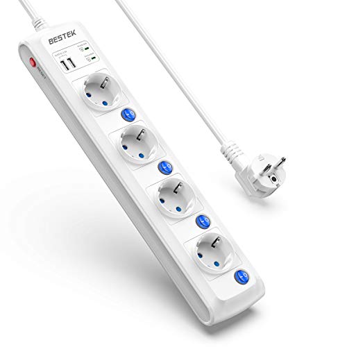 Extensão Elétrica BESTEK 2000J com Interruptor e 2 USB Branco BESTEK GLOBAL LTD - Fios e cabos elétricos - interruptor, 2 usb, branco