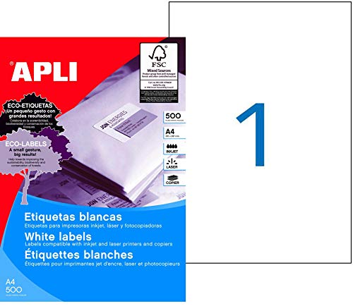 Etiquetas Autocolantes APLI 01788210 (Branco - A4) APLI - Papel de impressora e copiadora - branco, a4, adesivo permanente, 500 etiquetas