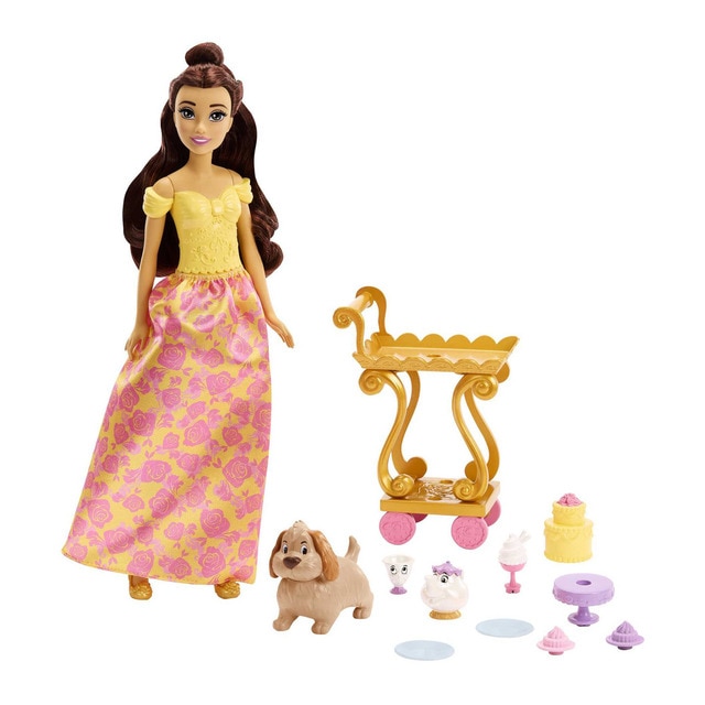 Boneca DISNEY PRINCESS Bella Tea Hour Doll Mattel - Brinquedos - articulada, amarela, carrinho de chá, amigos populares