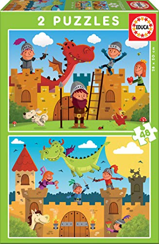 Puzzle 2X48 Dragons and Knights (Idade Mínima Recomendada: 4 anos) EDUCA - Quebra-cabeças de encaixar - encaixe grande, peças grandes, 4 anos, dragões, cavaleiros
