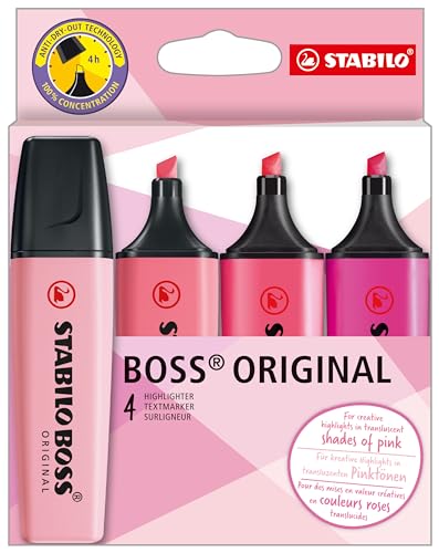 Marcador Fluorescente STABILO BOSS Original Rosa 4 peças Stabilo - Marcadores e marcadores de texto - fluorescente, rosa, 4 peças, à base de água