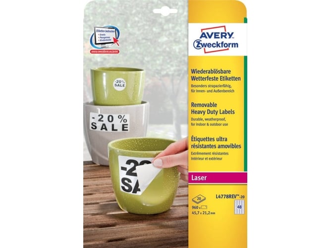 Etiquetas AVERY ZWECKFORM L4778REV-20 (960 peças) Avery - Papel de impressora e copiadora - 960 peças, transferência, 45,7 x 21,2 mm, branco