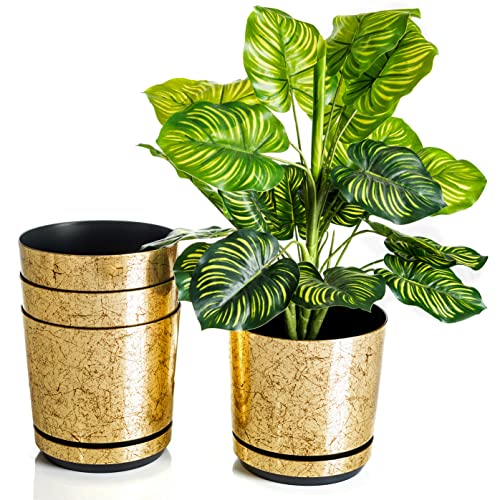 Conjunto de 4 Macetas com Prato KORAD Modelo 012 - Dourado KERD - Vasos e canteiros - conjunto, macetas, prato, dourado