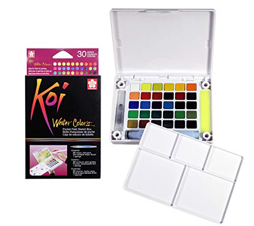 Conjunto de Tintas AQUOS Sakura Koi Watercolors Sketch Box Sakura - Tinta, tinta de arte e esmalte - aguarelas, 30 pastilhas, pincel, esponja, paleta