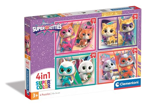 Puzzle CLEMENTONI Supercolor Superkitties 4 Puzzles CLEMENTONI - Quebra-cabeças - 4 puzzles, madeira resistente, 12-16-20-24 peças, temáticas diferentes