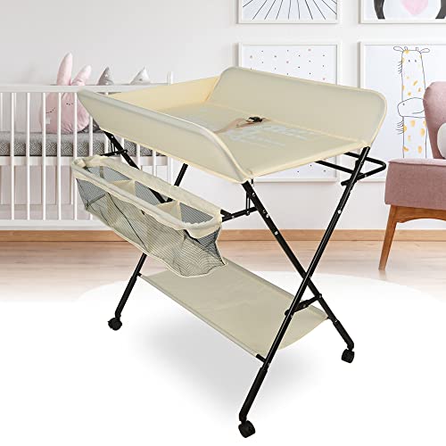 Mudouco para Bebé 4 Rodas com Altura Ajustável | 80 x 66 x 92/98 cm - Bege THINFAR - Móveis para bebês e crianças pequenas - 4 rodas, altura ajustável, 80 x 66 x 92/98 cm