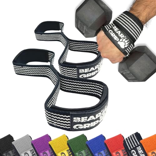 BEAR GRIP Correias de levantamento em forma de 8 premium (venda dupla) BEAR GRIP - Luvas de levantamento de peso e suportes para as mãos - segurança, conforto, suporte máximo, treino potente