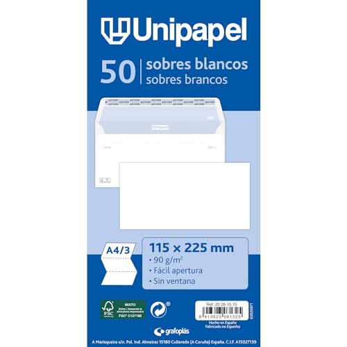 Pack de 50 Envelopes UNIPAP (115 x 225 mm) Grafoplas del Noroeste,S.A. - Suprimentos de envio - pack, envelopes, unipap, 115x225mm