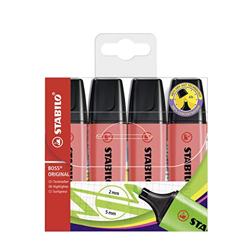 Marcador Fluorescente Boss Original Vermelho 0,5 mm (Caixa de 4) Stabilo - Marcadores e marcadores de texto - fluorescente, vermelho, 0,5 mm, recarregável