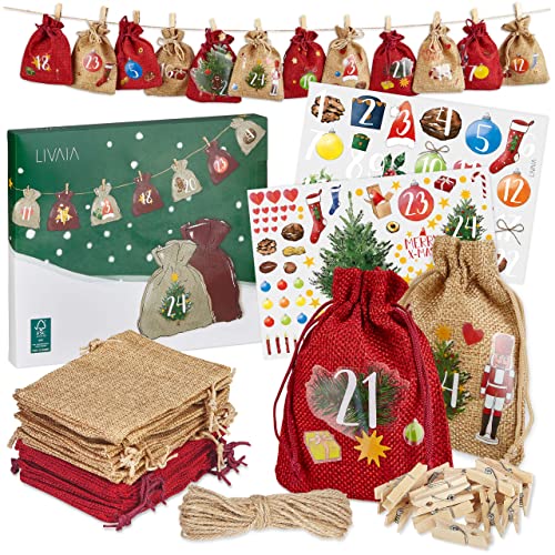 Calendário Advento para Preencher: Bonito Calendário Advento de Yute com Sacos, Autocolantes e Pegatinas de Dígitos - 2023 Manualidades LIVAIA - Calendários do advento - preencher, sacos, autocolantes, pegatinas