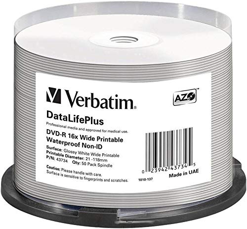 DVDs virgens VERBATIM DVD-R 16x Wide Printable Waterproof No ID Brand Verbatim - Mídias vazias - 4.7 gb, 50 unidades, DVD-R, 16x