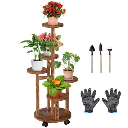 WUCIRAY Prateleira de Plantas em Madeira 5 Níveis com Rodas Wuciray - Suportes para plantas - madeira, 5 níveis, rodas, 40x20 cm