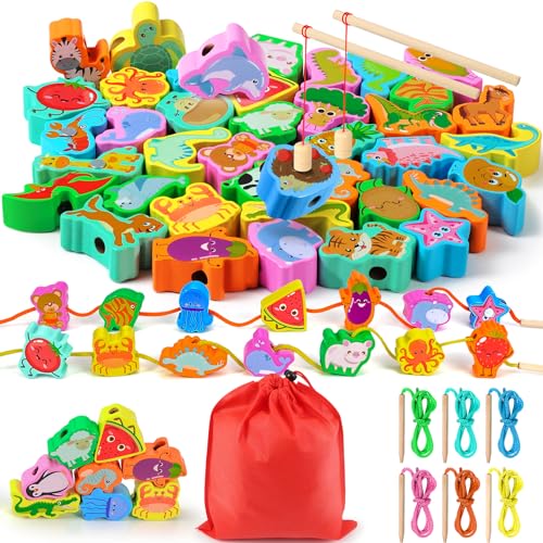 Brinquedo Didático OPHY 48 Peças 2 em 1 Contas de Madeira Ophy - Brinquedos de atividade para bebês - brinquedo didático, ophy, peças, contas de madeira