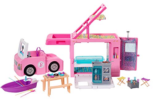 Barbie Caravana de Sonho 3 em 1 (Idade Mínima Recomendada: 3 anos) Mattel - Conjuntos de brinquedos - autocaravana, 3 em 1, acessórios, viagem, interior decorado