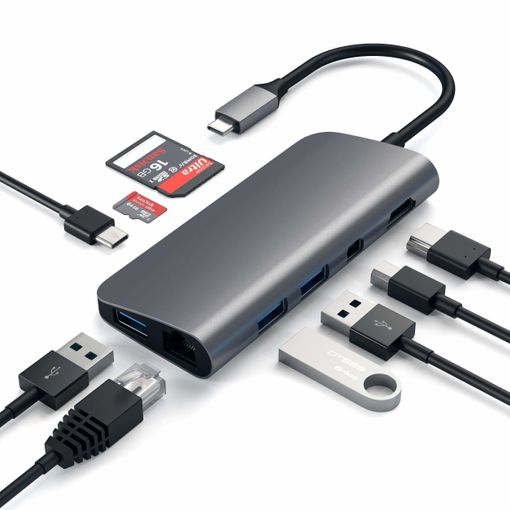 Adaptador Multimédia SATECHI Type-C (Cinzento sideral) SATECHI - Estações de acoplamento para laptops - usb 3.0, type-c, hdmi, ethernet lan