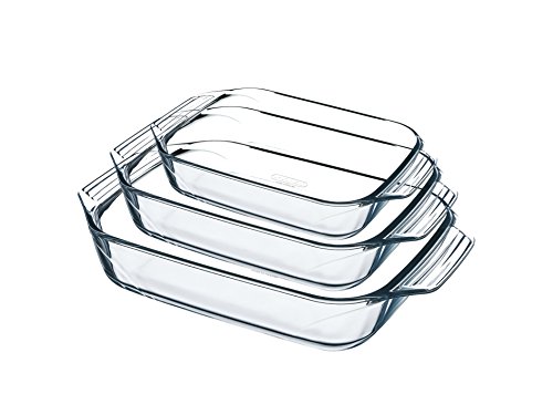Conjunto de Formas PYREX (Transparente - Vidro Temperado) Pyrex - Travessas de forno - vidro temperado, resistente ao calor, 3 formas retangulares, pés práticos