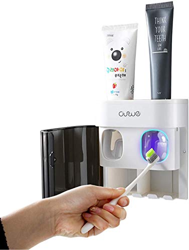 Dispensador de pasta de dente automático com suporte de escova montada na parede DoDuo - Acessórios para pasta de dentes - 250 ml, automático, preto, plástico